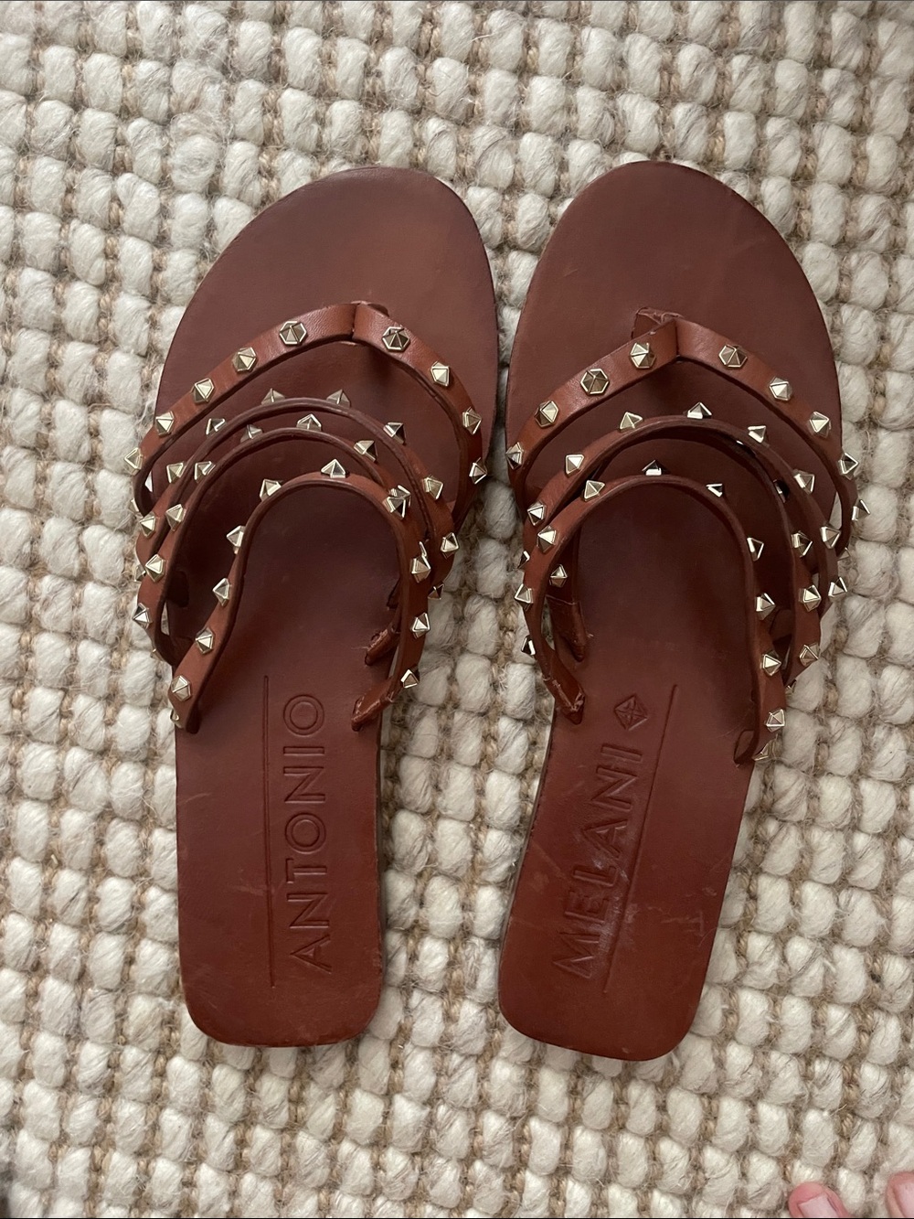 ANTONIO MELANI Brown Leather Triple-Strap Stud Slide Sandals Lyndy 8